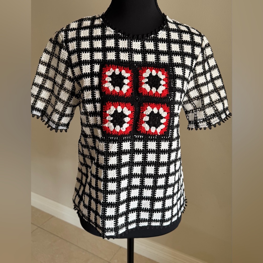 Black and White Granny Squares Crochet Top with Red Accents
